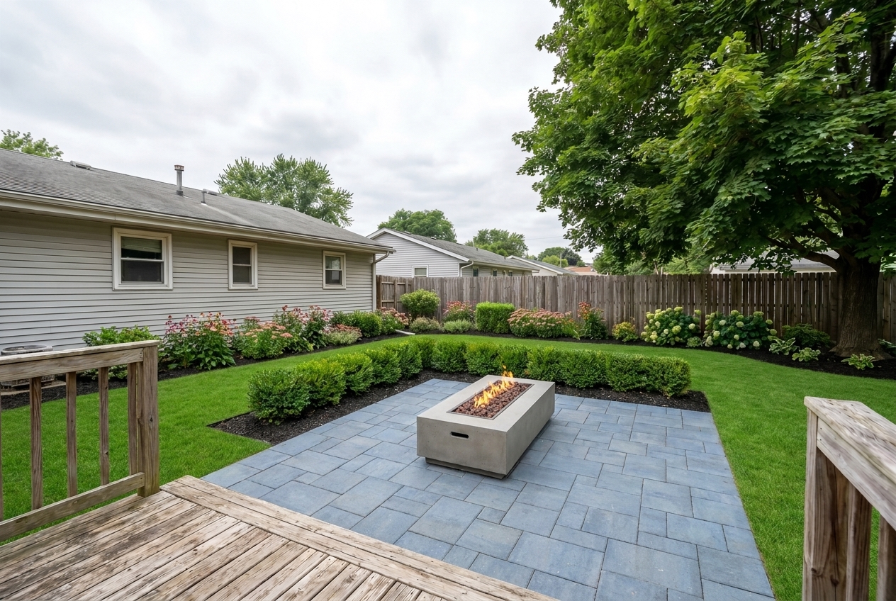 Frankfort backyard after, blue-gray paver patio with rectangular gas fire feature, low boxwood border, and hydrangeas along the fence