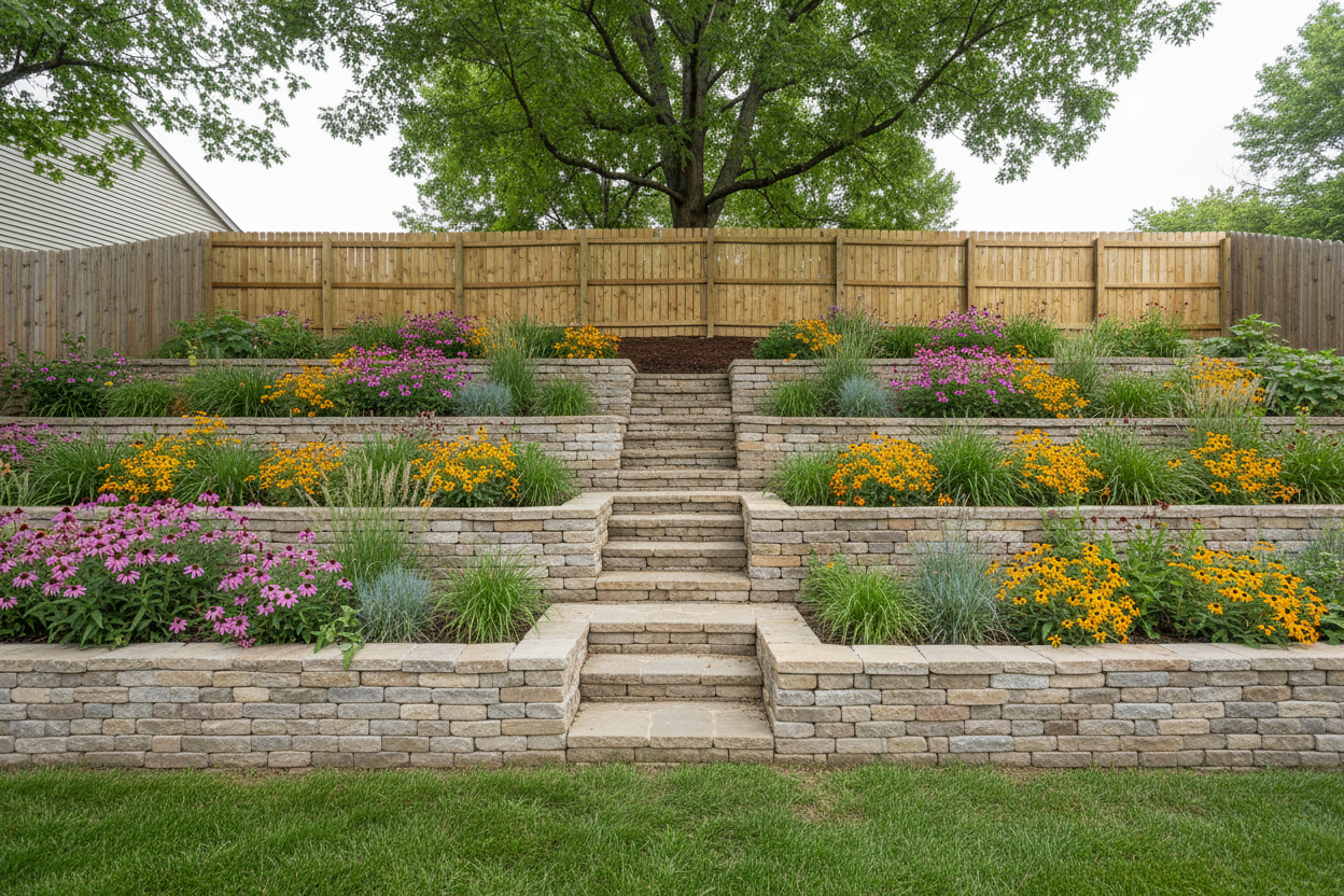 Homer Glen side yard after, three straight horizontal tiered natural-stone retaining walls with flagstone steps up the center, planted with coneflower, black-eyed susan, and ornamental grasses