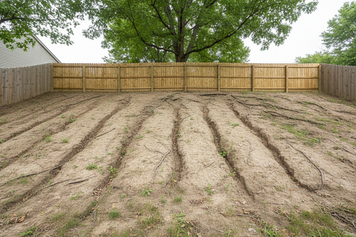 Homer Glen side yard before, bare eroded clay slope with vertical washout channels along a straight wood privacy fence