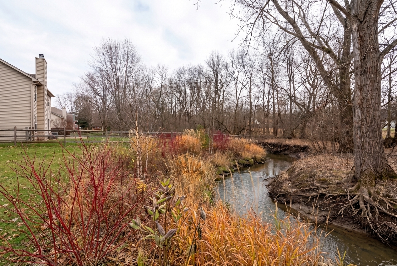 Mokena backyard after, riparian buffer of red osier dogwood, switchgrass, and native grasses along the creek