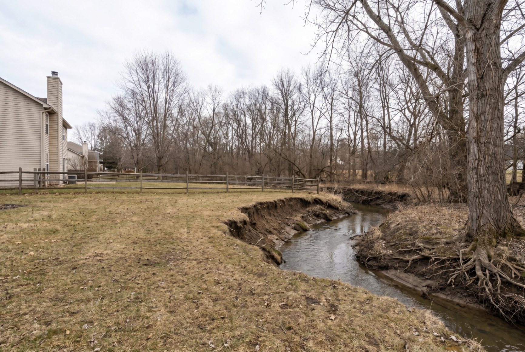 Mokena backyard before, bare eroded creek bank with weedy lawn running to the water's edge