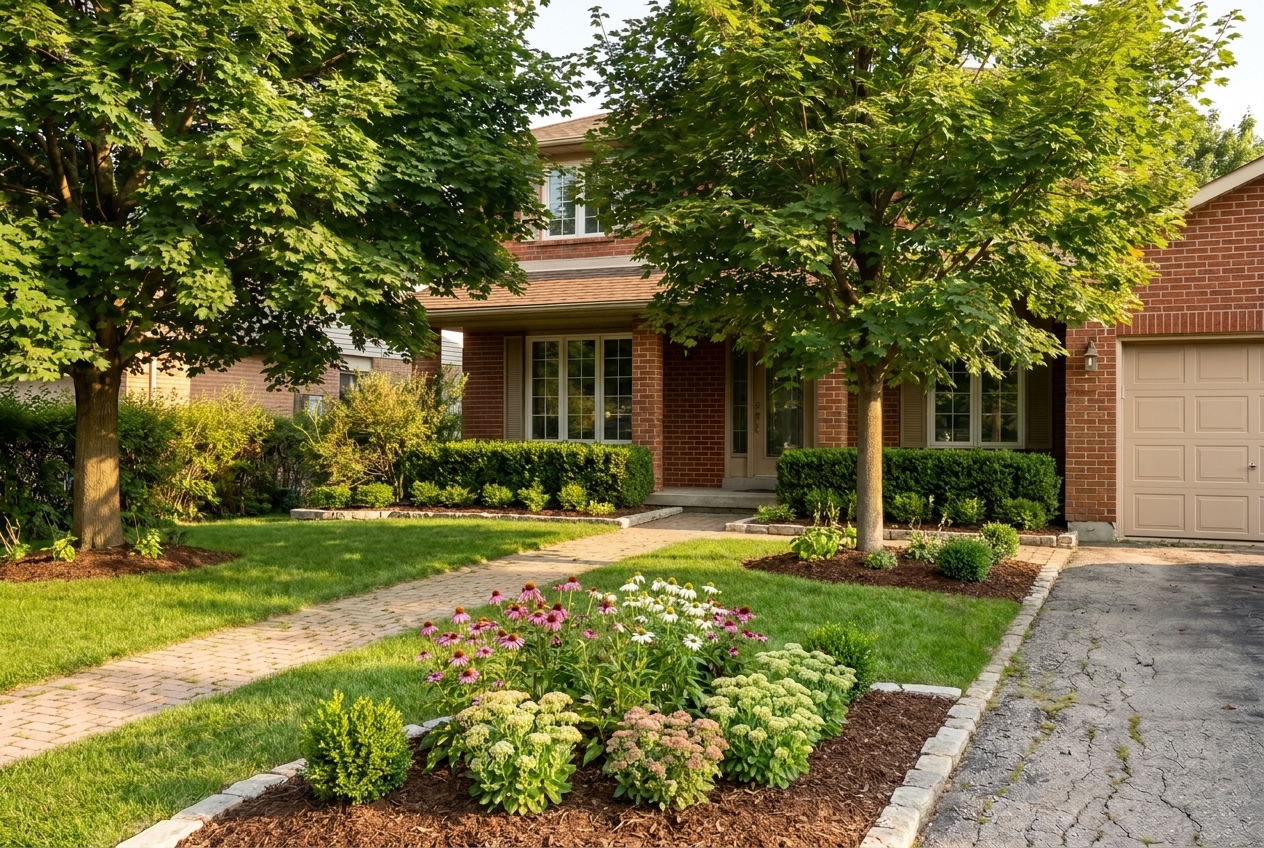 Orland Park brick-front home after, layered boxwood, coneflower and sedum bed with a stone border