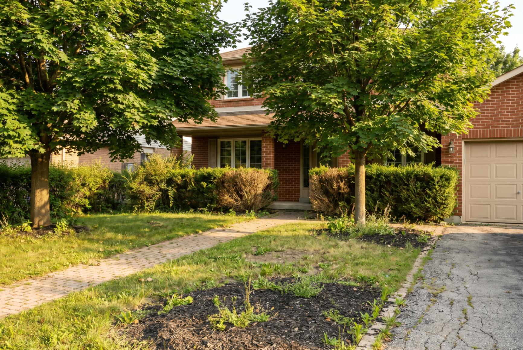 Orland Park brick-front home before, leggy overgrown hedges and a bare mulch bed beside the driveway