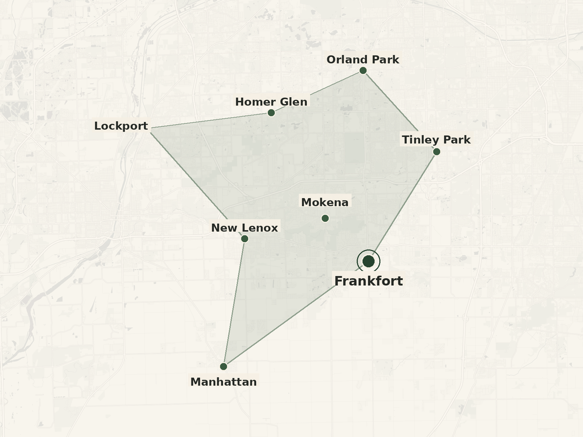 Stylized map of Frankfort, IL and the south Chicago suburbs service area