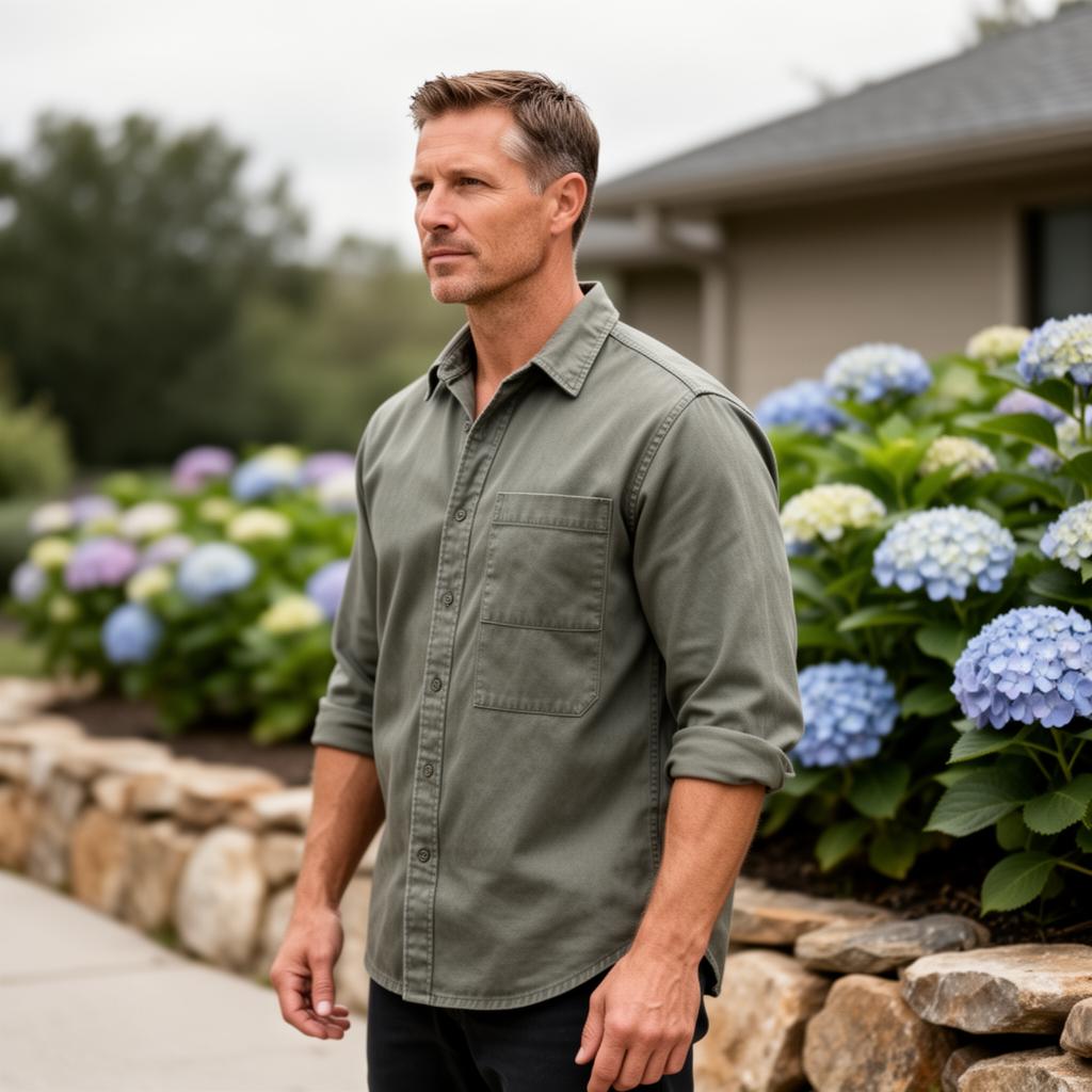 Ryan Meyer, founder of Hickory Creek Landscape, in a gray-green canvas work shirt beside hydrangeas in bloom