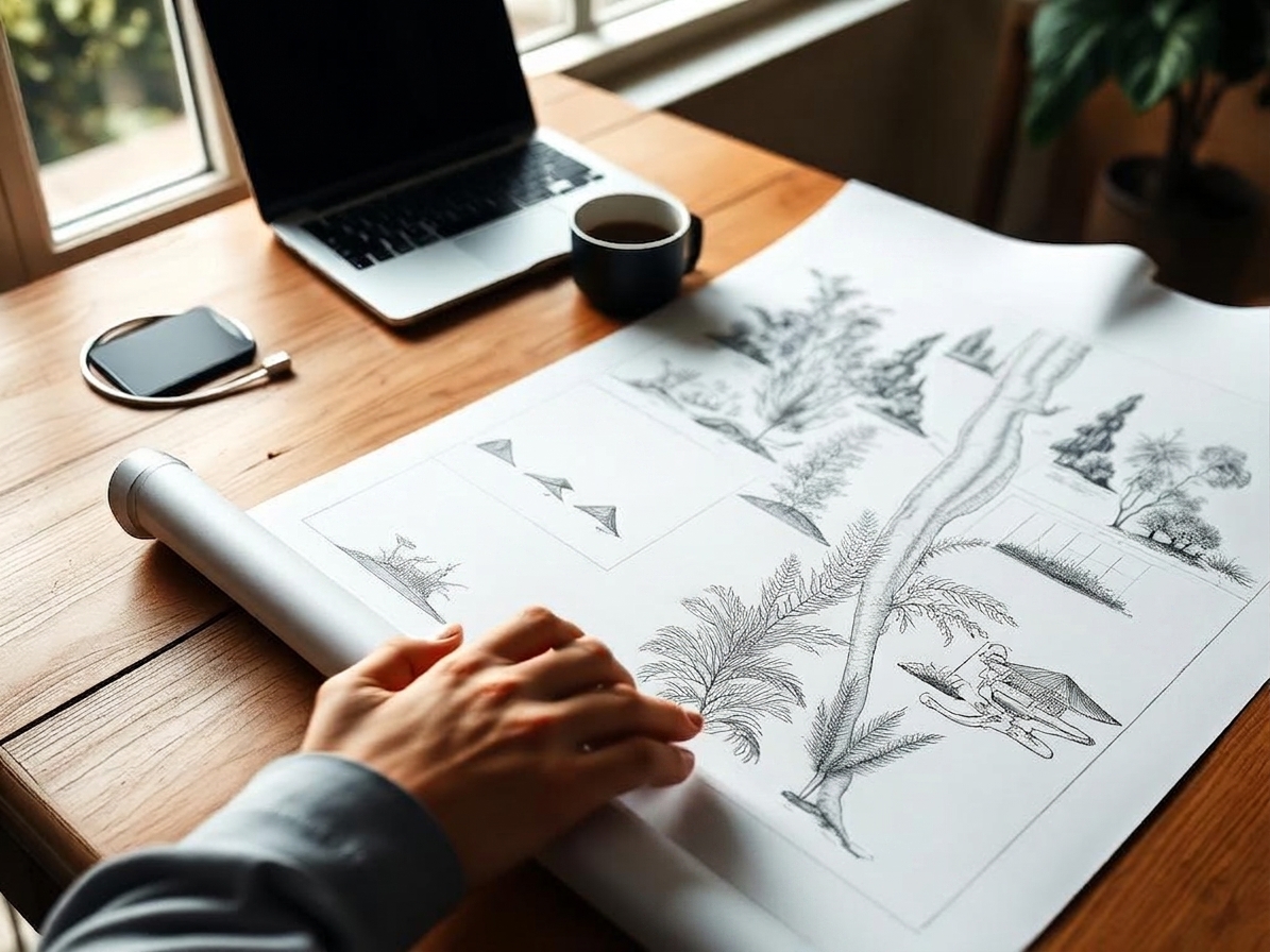 Landscape designer's hands unrolling a printed planting plan beside a laptop and coffee, soft window light