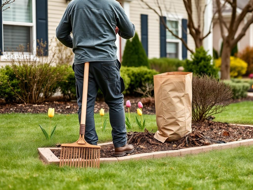 Crew member raking winter debris from a foundation bed beside a paper leaf bag with tulips emerging