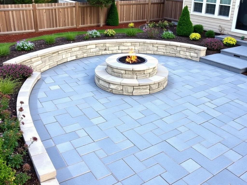 Finished blue-gray paver patio with low natural-stone wall and a gas fire feature surrounded by perennials
