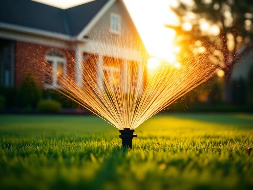 Single-head rotor sprinkler spraying a fine mist over a manicured residential lawn at golden hour