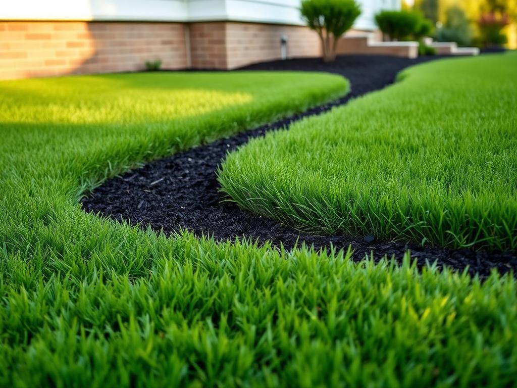 Freshly cut green lawn meeting a sharp dark-mulch bed edge along a residential foundation