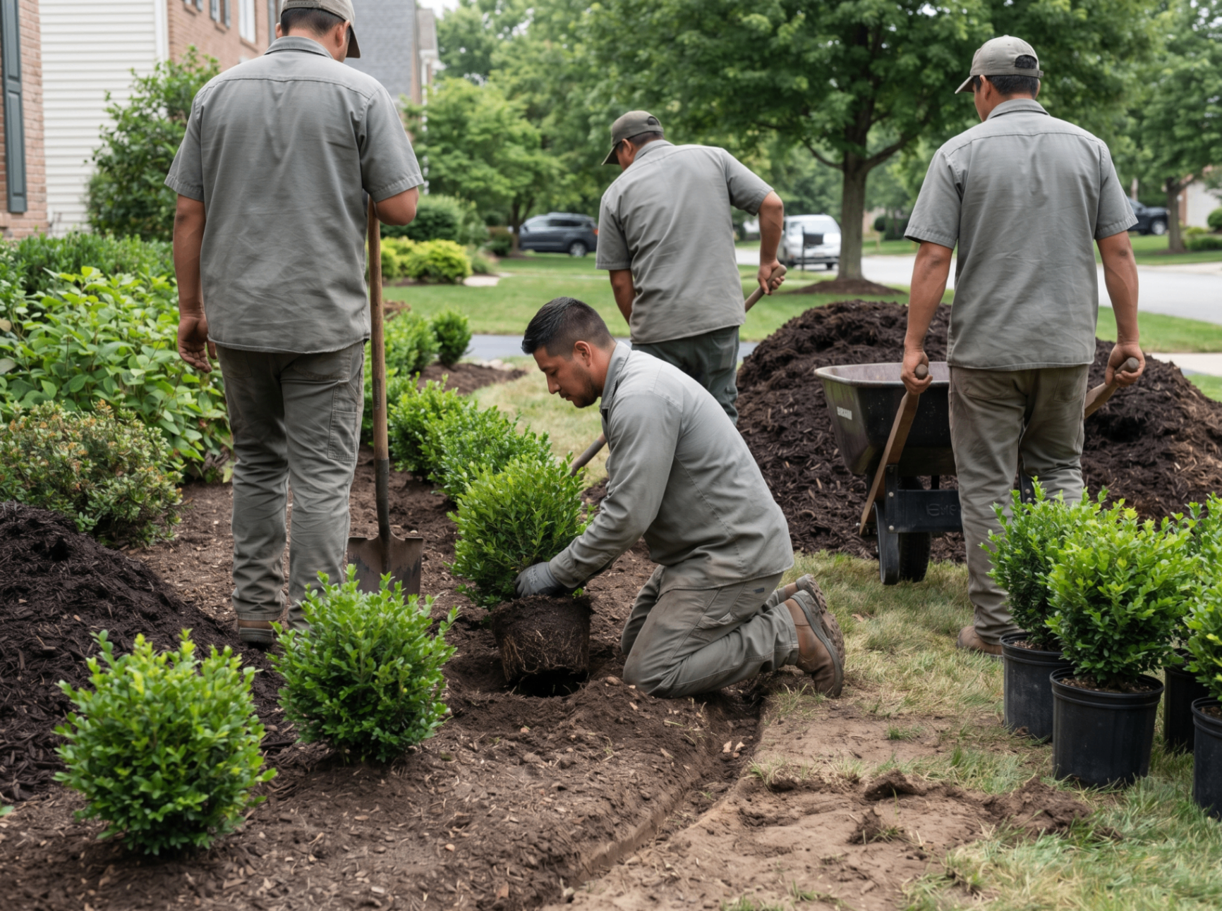 Crew of four workers in plain gray work shirts and ball caps planting boxwood along a fresh-cut bed edge with dark mulch and a wheelbarrow nearby